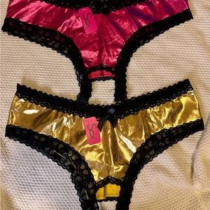 Lace Trim Satin Panties - Red and Gold
